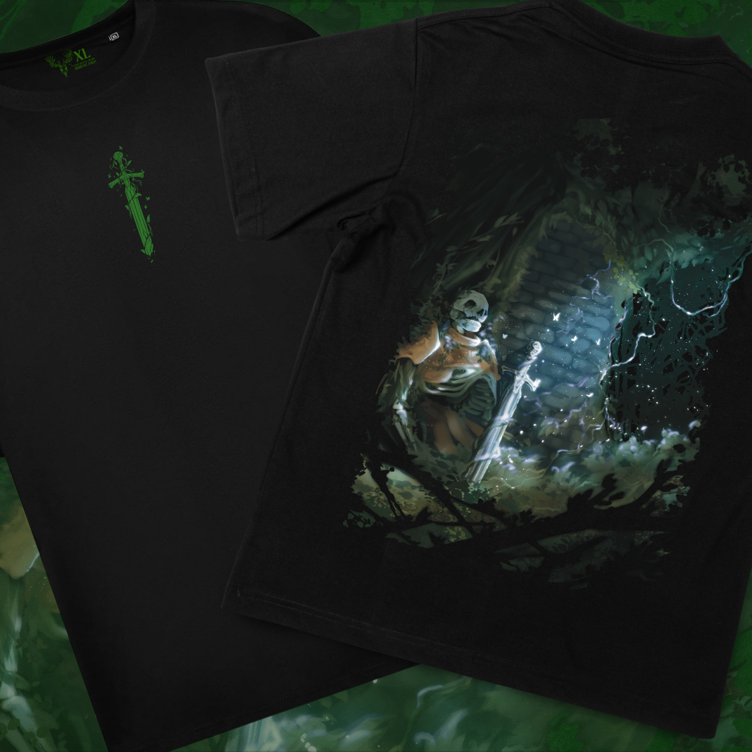 Two black graphic T-shirts shown on a dark green textured background. The left shirt has a small green sword graphic on the chest, and the right shirt features a large fantasy illustration of a skeletal warrior holding a glowing sword in a dark cave.
