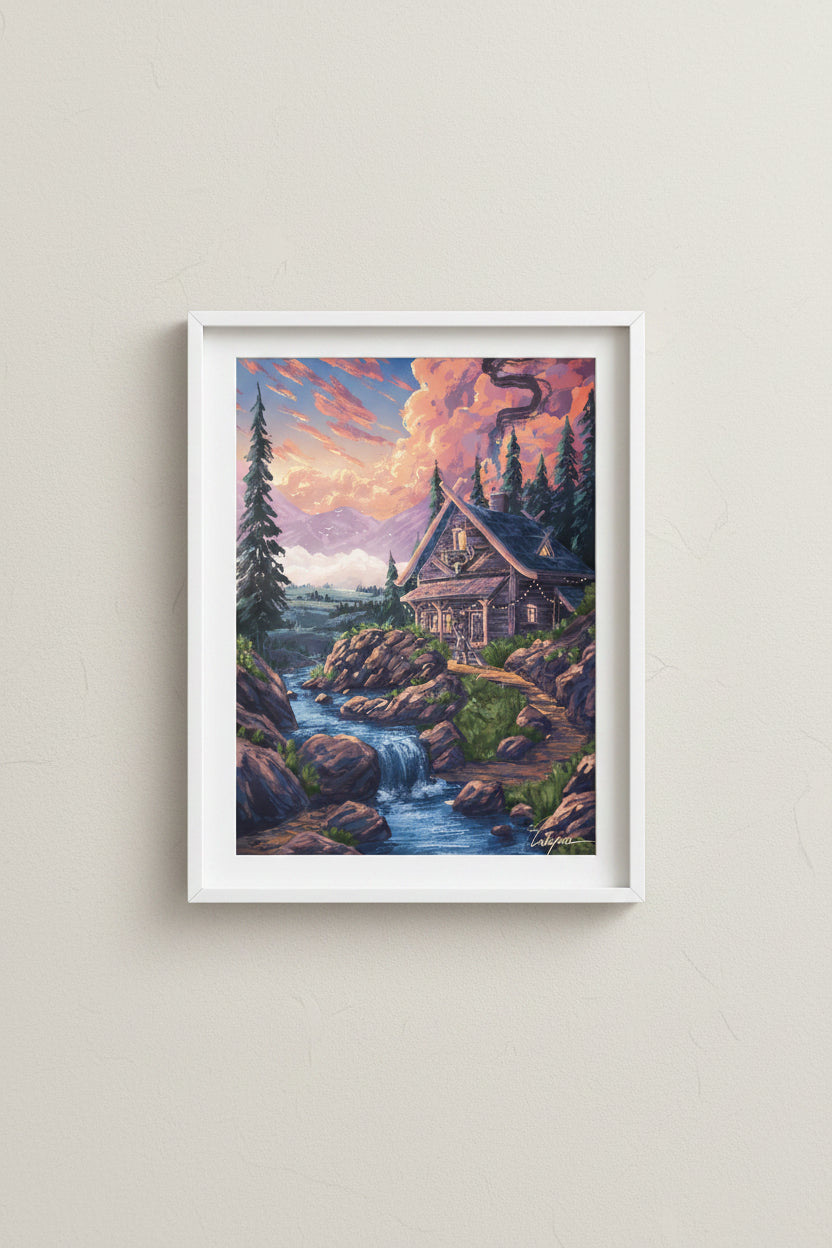 Painting of a cabin in the woods with a stream and mountains in the background