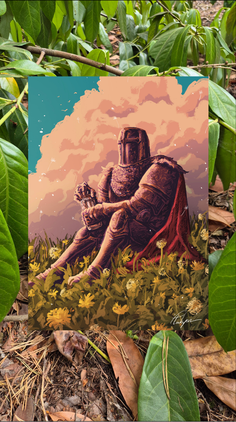 A vertical art print depicting a knight in armor sitting in a field of yellow flowers under a cloudy sky, displayed on a forest floor surrounded by green leaves.