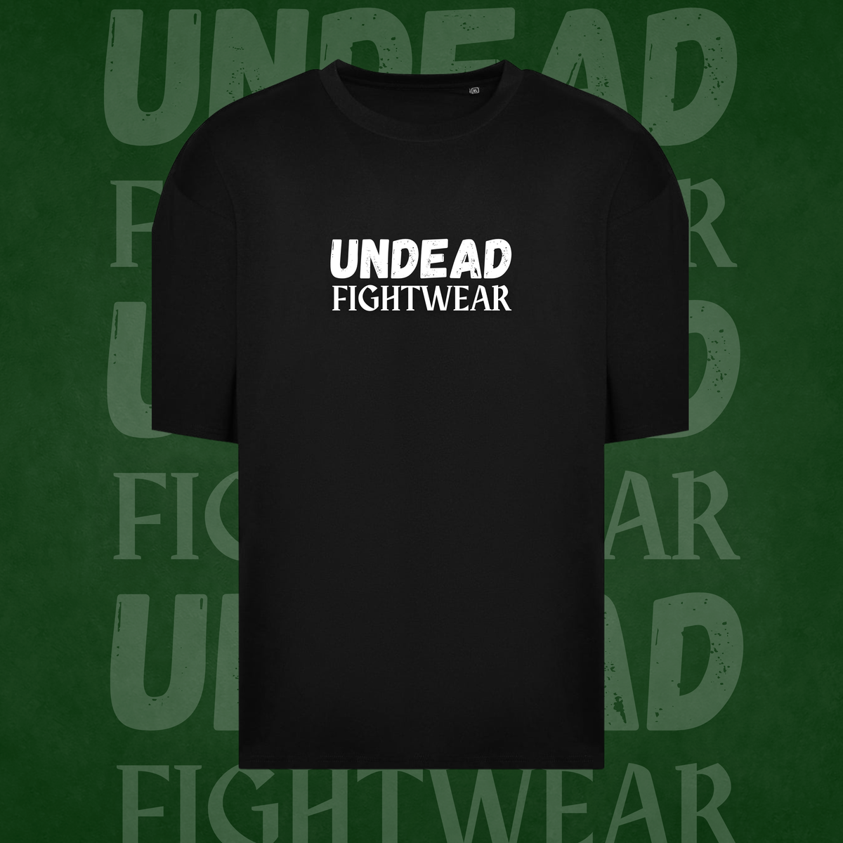 A black short-sleeve crewneck t-shirt with 'UNDEAD FIGHTWEAR' printed in white block letters on the chest, displayed against a dark green background with a subtle repeating logo pattern.