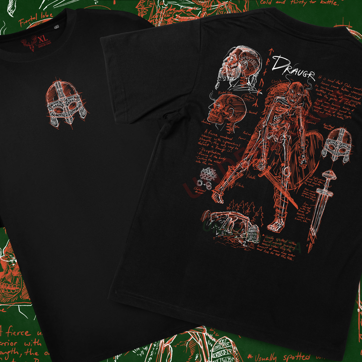 Black graphic T-shirt shown from both front and back, featuring red anatomical illustration prints of a skeletal warrior and skull helmet. The shirt is laid over a green background with handwritten-style artwork.