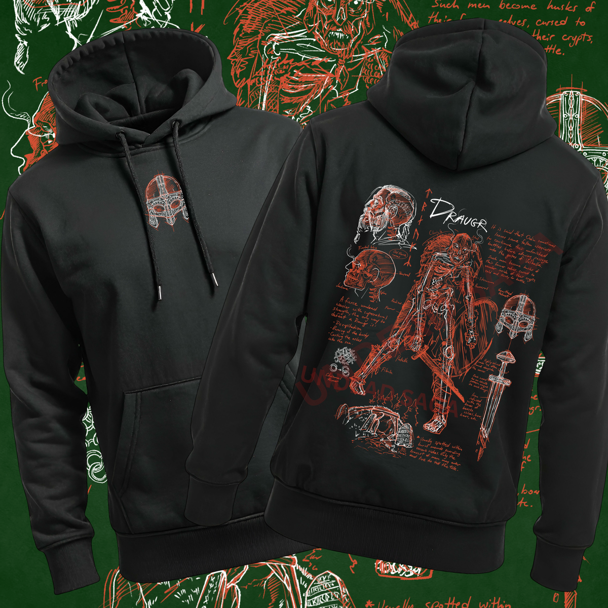 Black pullover hoodie shown from both front and back. The front has a small red skull style chest graphic with drawstring tips and the back has a skeleton design.