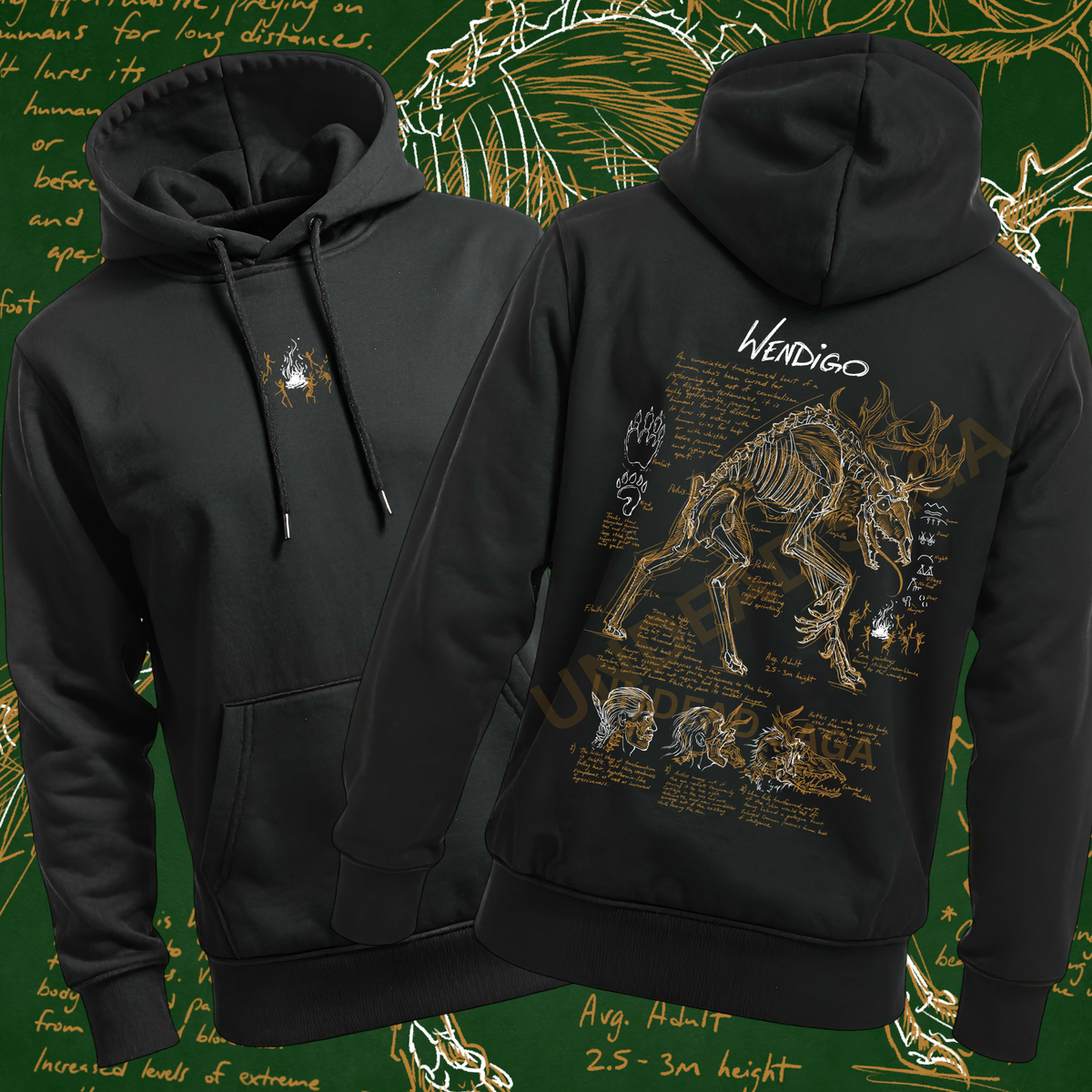 Black pullover hoodie shown from the front and back, featuring a small chest graphic on the front and a large Wendigo skeleton illustration with text on the back, displayed against a dark green illustrated background.