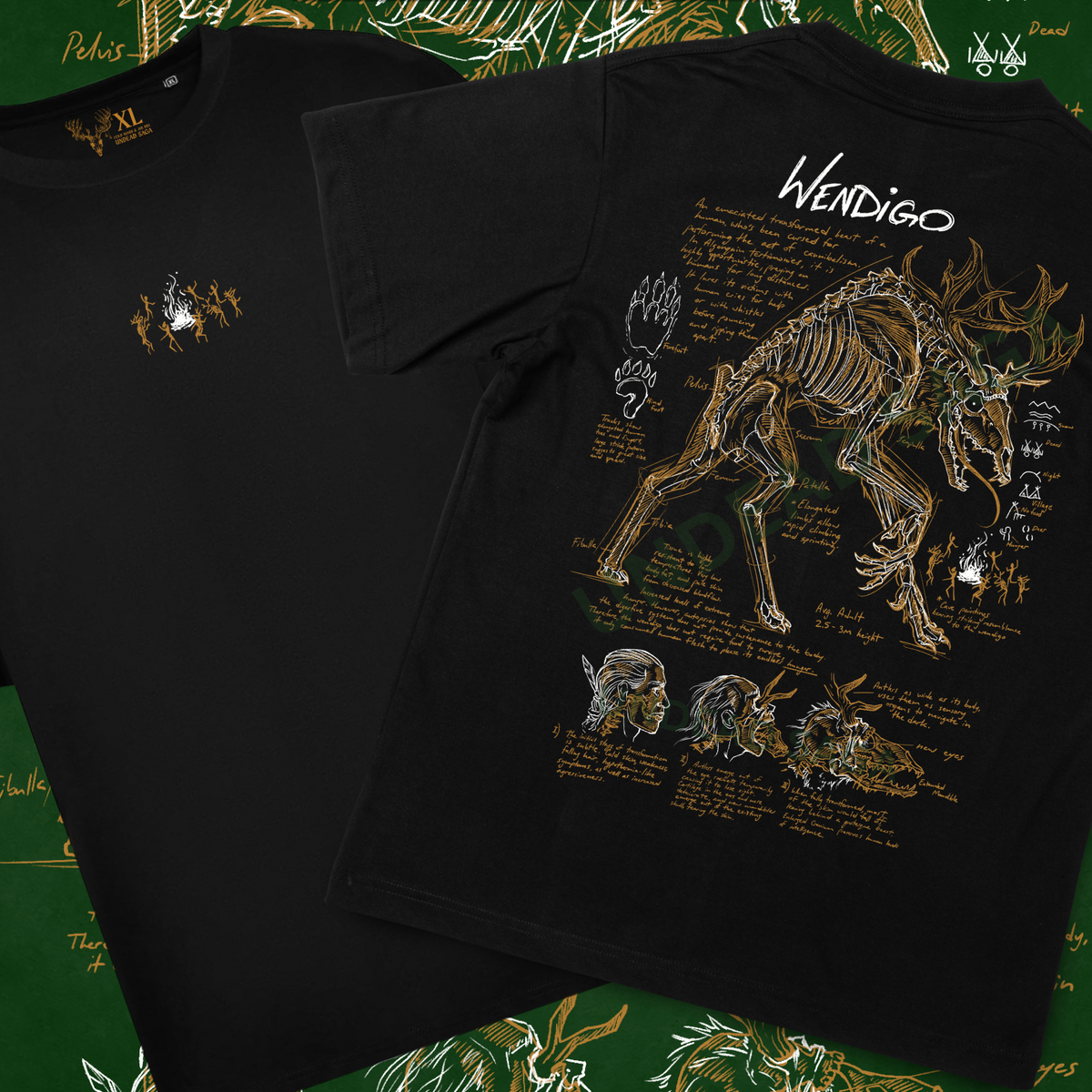 Two black graphic T-shirts displayed on a dark green illustrated background. The left shirt shows a small white chest graphic, and the right shirt shows a large back graphic of a Wendigo skeleton with the word 'Wendigo' and explanatory text.